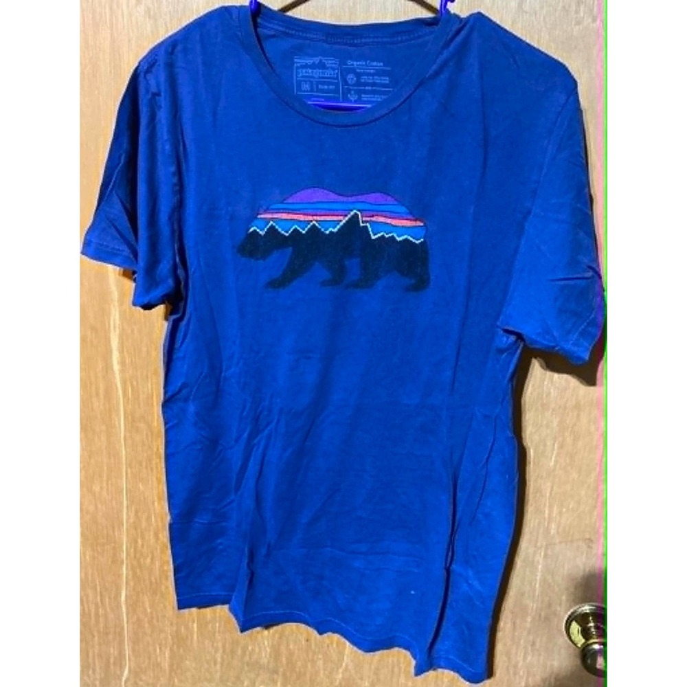 Patagonia Shirt Mens Medium Blue Fitz Roy Bear Graphic Slim Fit Tee Short Sleeve